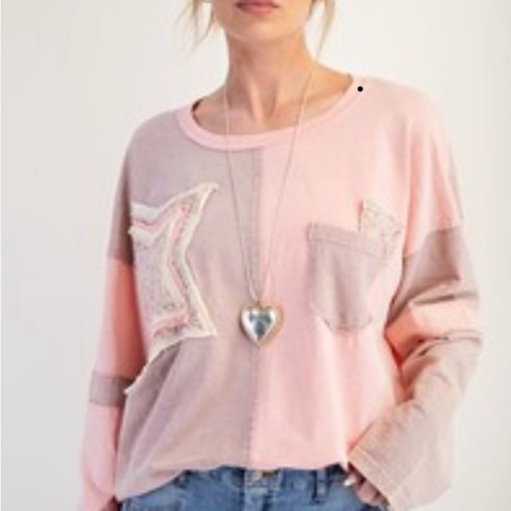 Easel Pink and Tan Patchwork Long Sleeve Top